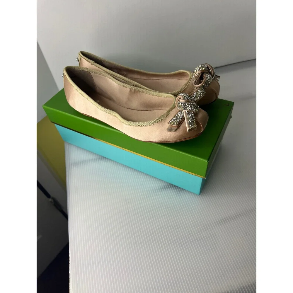 Kate Spade Freya Roasted Peanut Satin Crystal Bow Ballet Flats Pink 6.5M NEW